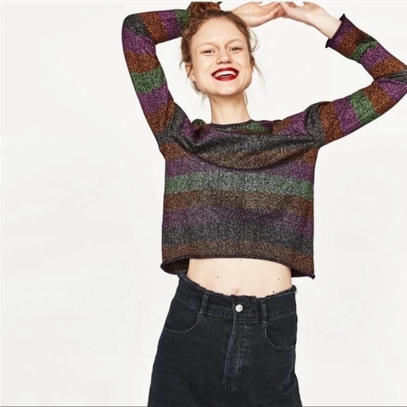 Zara Sweater Cropped Fairy Whimsy Goth Knit Metallic Rainbow Striped - Picture 1 of 10